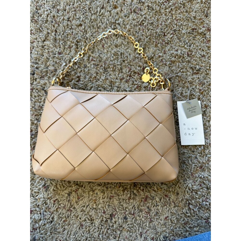 A New Day Womens Woven Shoulder Bag Beige Detachable Gold Chain Handle NEW